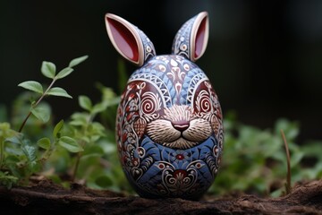 Intricately carved rabbit shaped easter egg displayed outdoors among green plants
