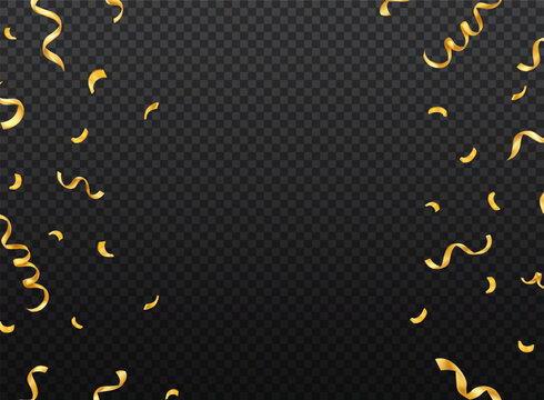 Side borders made of golden confetti ribbons isolated on transparent background. Decorative festive elements for frames, banners, luxury branding and marketing design.