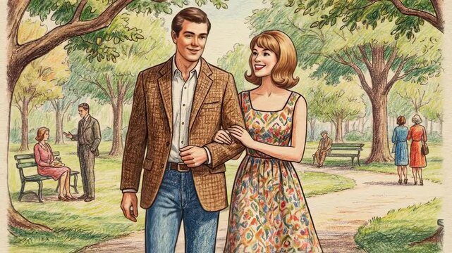 Young couple walking together in a park, enjoying a sunny day, surrounded by trees and people sitting on benches, showcasing a joyful outdoor atmosphere