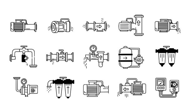 Minimal water pump and liquid flow system vector icons for technical and engineering design