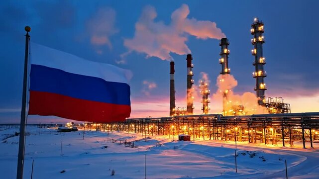 Russian oil and gas industrial complex with flag at dusk Russian flag oil refinery gas plant smokestacks