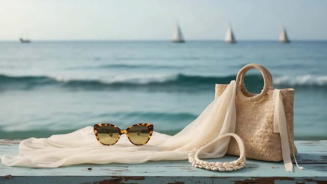 Summer accessories on a beach table with ocean view and sailboats in the background