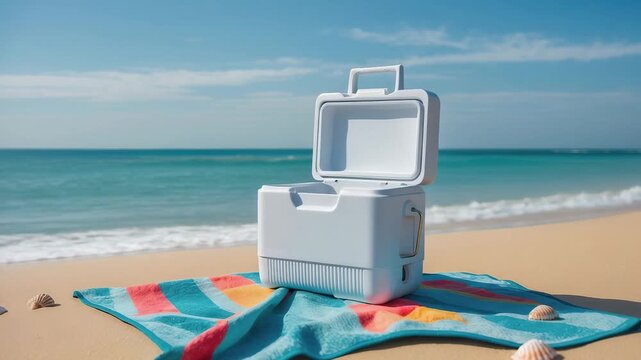 Cooler on beach towel near ocean waves and seashells with bright blue sky in the background