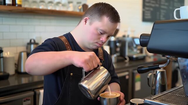 Young Barista with Down Syndrome Skillfully Prepares Coffee in Modern Cafe