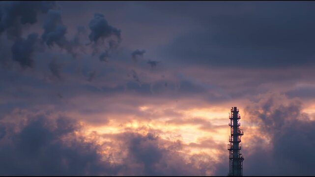 Witness Refinery Flare Stack With Dying Flame Against Dark Clouds and Smoke at Dusk in Industrial Area