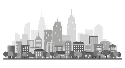 Fototapeta premium Monochrome illustration of a city skyline with buildings and trees on a white background