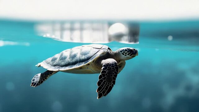 Turtle swims in clear water near coral reef during a sunny day in the ocean
