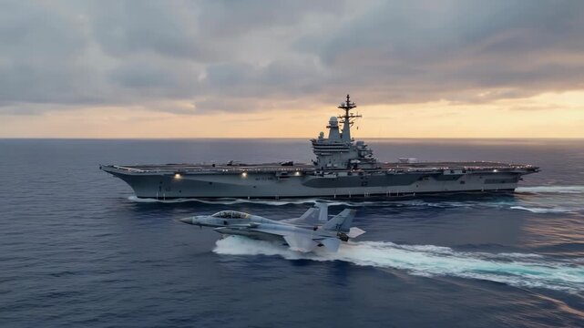 Aerial view of a naval fleet led by an aircraft carrier with aircraft, demonstrating military power and defense capability at sea.