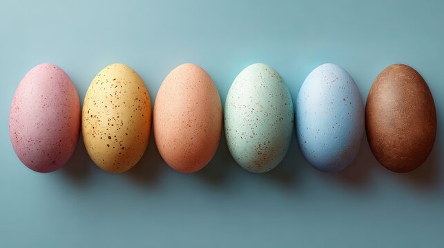 A row of colorful Easter eggs on a plain background