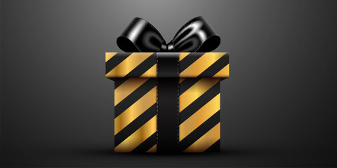 Elegant black and gold gift box with a shiny bow, perfect for celebrations or premium offers. Vector illustration