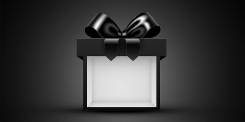 Bright black open gift box with a luxurious bow, perfect for holidays and special occasions. This elegant presentation is ideal for promotions and festive designs. Vector illustration