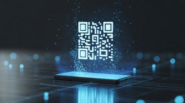 Holographic QR code scanning above a smartphone on a dark digital technology background