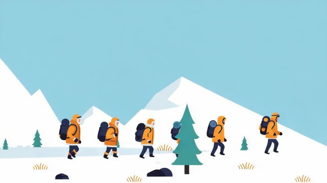 Group of Hikers in Orange Coats Climbing Snowy Mountain with Backpacks Adventure Scene Winter Landscape Exploration Vector Illustration