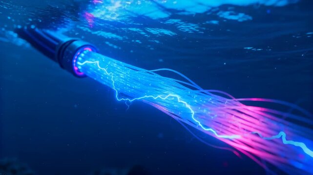 Futuristic digital fiber optic cable transmitting data underwater with glowing blue and pink light and electrical sparks.