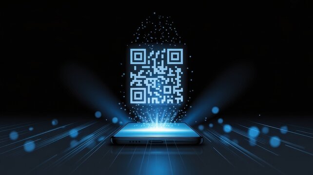 Glowing QR code projecting from a smartphone with light rays on a dark digital technology background