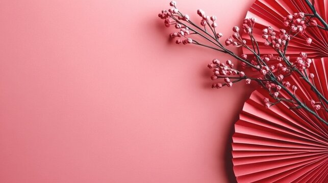Chinese red fans with plum tree branch , Asian sakura blossom composition inspired by japan and china culture, eastern flower tree, space for text copy, creative design