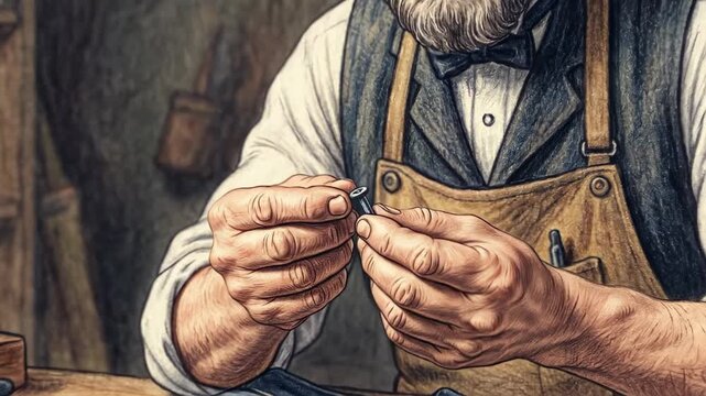 Skilled tailor with gray beard and bow tie carefully repairs denim jeans using needle and thread in a well-organized workshop filled with sewing tools and materials