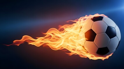 Naklejka premium Incredible image of soccer ball engulfed in fiery orange flames streaking rapidly across dark background symbolizing intense power and incredible speed