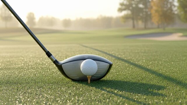 Golf club and ball on tee in lush green golf course