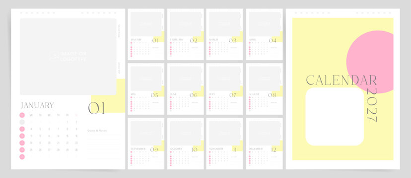 2027 Calendar template with notes layout. Week starts on Sunday. Modern wall and desk calendar with goals and notes section. English vector planner design.
