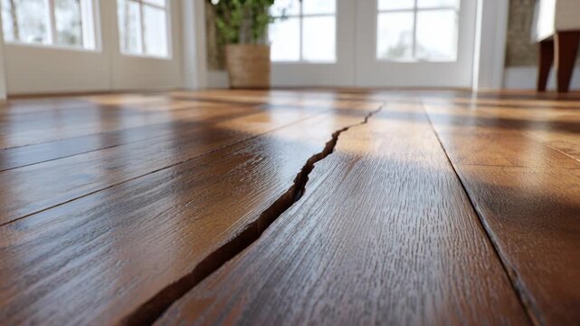 A close-up shot of a large crack in a polished wooden floor, sunlight streaming in from windows.