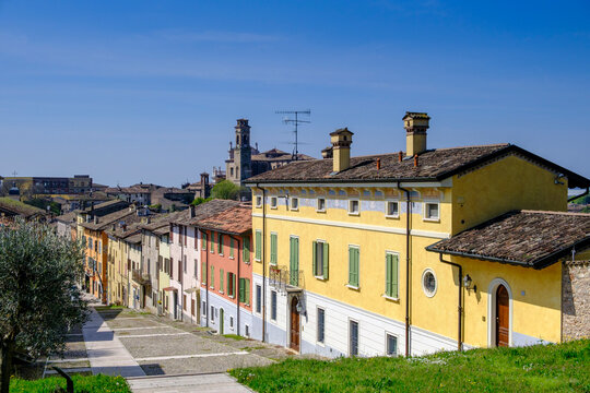 Colorful historic houses in Castiglione delle Stiviere Lombardy Italy