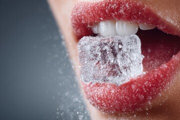 Close-up Shot of Open Mouth Holding Clear Ice Cube in Lips With Ice Droplets