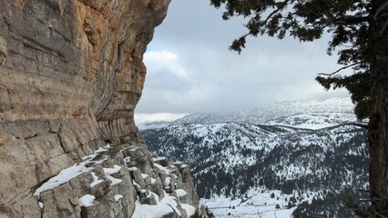 large rocks and landscapes in snowy mountains