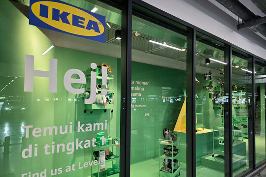 Penang, Malaysia &ndash; Nov 7, 2025: Exterior view of an IKEA storefront featuring the &ldquo;Hej&rdquo; greeting signage with kitchenware and home accessories displayed inside the retail space.