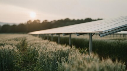 Row of solar panels in a field. the panels are arranged in neat rows and are supported by metal poles. the field is covered in tall grass and there are trees in the background.