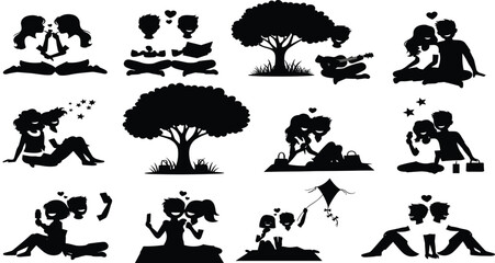 Romantic young couple silhouette vector set showing people kissing, playing music, and flying a kite outdoors, symbolizing love, dating, leisure, and relationship fun.