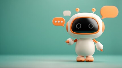 Fototapeta premium Small Robot Assistant Stands on Tidy Desk in Modern Workspace While Displaying Speech Bubbles With Text Prompts
