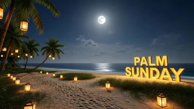 Palm Sunday illuminated beach scene with glowing lanterns and palm trees under full moon 4K Ai HD high quality video.