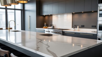 Modern Kitchen Island with Marble Countertop and Brass Faucet
