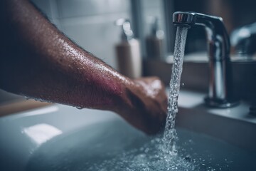 Fototapeta premium Wash away worries: Hand under running faucet in bathroom sink at home