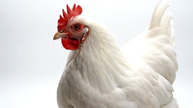 A pristine white chicken, likely a domestic hen, is captured in a bright studio setting against a clean white background. The fowl stands gracefully, showcasing its vibrant red comb and wattle, sharp 