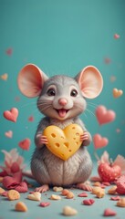 Adorable cartoon mouse holding a heart-shaped piece of cheese on a teal background.