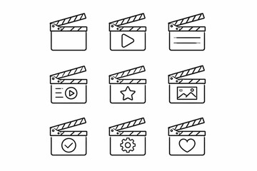 Set of nine minimalist clapperboard icons with different symbols