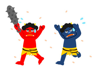 豆まきから逃げる赤鬼と青鬼