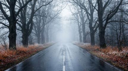 Fototapeta premium A long, wet road lined with bare, ancient trees disappears into a thick, atmospheric fog, creating a mysterious and serene winter landscape