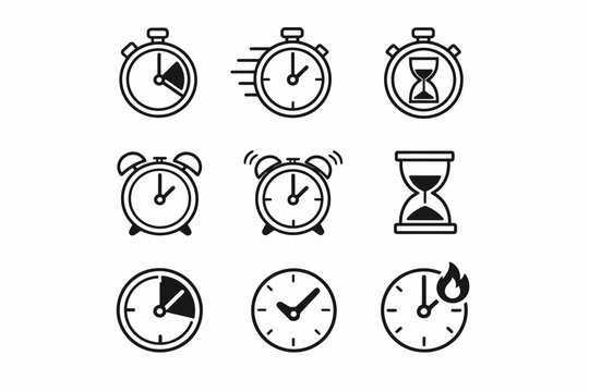 Black and white timer and clock icons set illustrating time concepts