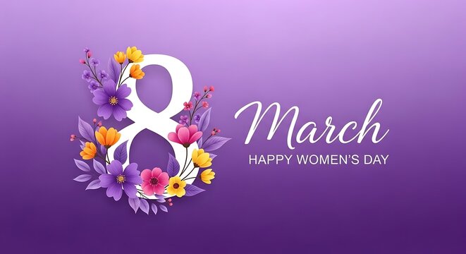 Happy womens day celebration with purple flowers and a white number 8 symbol on purple background