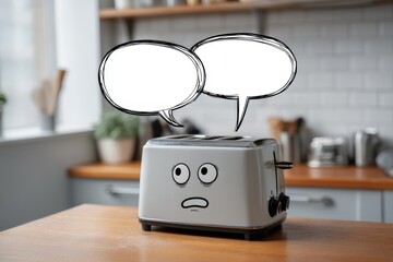 Nonsense Person Talks to a Toaster That Has a Surprised Face and Replies in a Kitchen Setting During the Morning