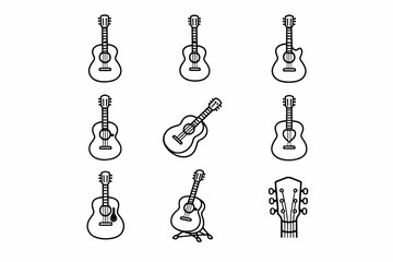 Acoustic guitar icon set: black and white guitar illustrations and guitar stand
