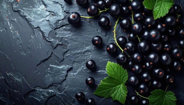 Fresh blackcurrant berries with leaves on dark slate background