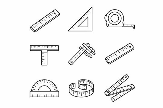 Various measuring tools - ruler, protractor, caliper, tape line icons