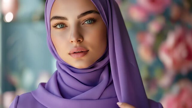 Elegant Muslim fashion model wearing a designer purple hijab, posed within a minimalist modern boutique interior. Professional fashion photography style, soft studio lighting, refined and sophisticate