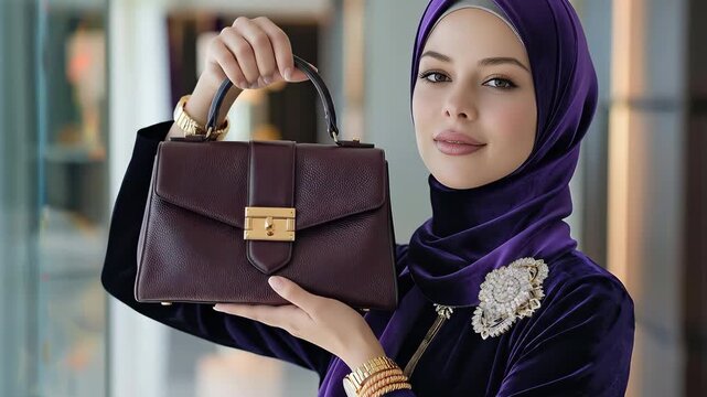 Sophisticated woman in a royal purple velvet hijab embellished with a diamond brooch, captured in an intimate luxury jewelry close-up. She holds a premium leather handbag