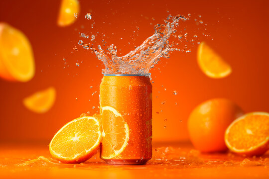 orange soda can with citrus explosion. Fresh orange juice splash and slices on table. Refreshing drink concept. Ideal for food beverage design materials