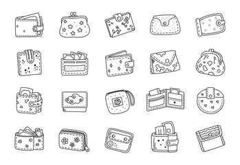 Pocket wallet set in outline line art featuring everyday purses card holders coin pouches cash cases perfect for your creative designs projects